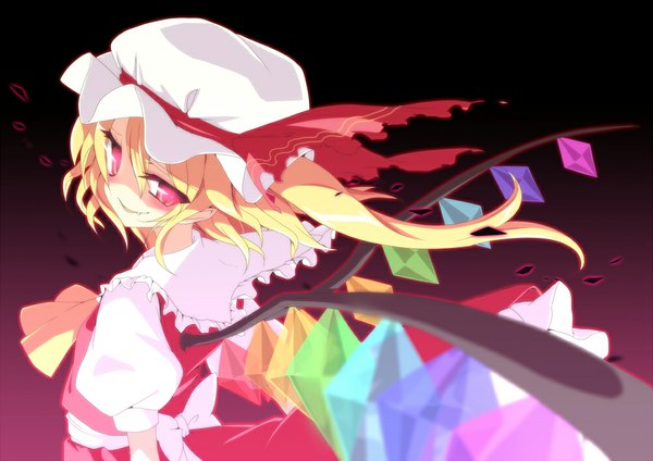 Anime picture 1000x707 with touhou flandre scarlet koikawa minoru single short hair blonde hair smile red eyes looking back teeth fang (fangs) girl dress wings bonnet crystal