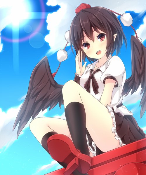 Anime picture 700x840 with touhou shameimaru aya komomo (ptkrx) single tall image blush fringe short hair open mouth black hair red eyes sitting sky cloud (clouds) bent knee (knees) pleated skirt pointy ears sunlight black wings sunbeam