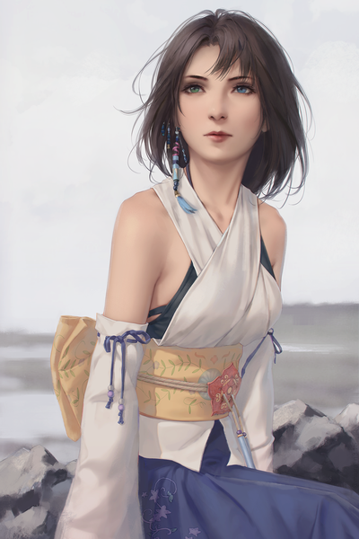 Anime picture 1280x1920 with final fantasy final fantasy x square enix yuna (ff10) miura-n315 single tall image fringe short hair blue eyes brown hair sitting bare shoulders green eyes looking away outdoors traditional clothes japanese clothes lips blurry