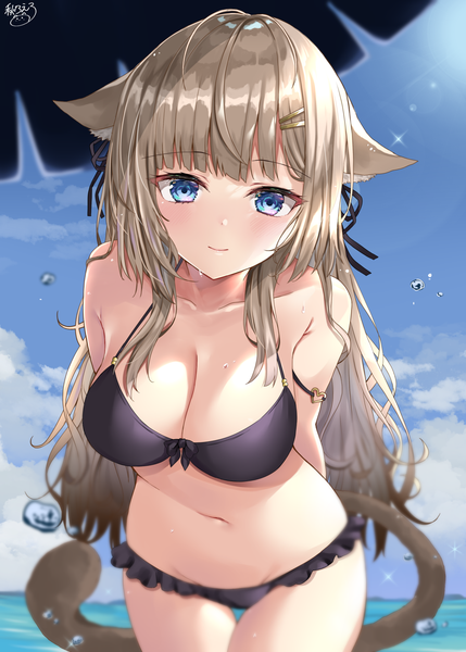 Anime picture 1200x1678 with original akino ell single long hair tall image looking at viewer blush fringe breasts blue eyes light erotic blonde hair standing signed animal ears payot cleavage tail blunt bangs animal tail