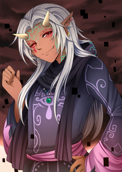 Anime picture 636x900 with original sallynyan single long hair tall image looking at viewer smile red eyes payot sky silver hair upper body head tilt one eye closed arm up horn (horns) pointy ears wink wide sleeves fang (fangs)