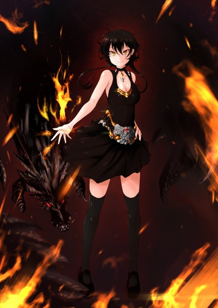 Anime picture 1104x1553 with original kaho single long hair tall image looking at viewer fringe breasts black hair smile yellow eyes sleeveless girl thighhighs dress black thighhighs shoes