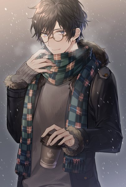 Anime picture 800x1183 with original ailm single tall image looking at viewer fringe short hair blue eyes black hair smile hair between eyes holding upper body grey background open clothes open jacket fur trim snowing exhalation boy