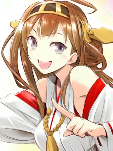 Anime picture 600x800 with kantai collection kongou battleship primary stage single long hair tall image blush fringe open mouth simple background smile brown hair purple eyes bare shoulders looking away ahoge :d pointing nontraditional miko girl