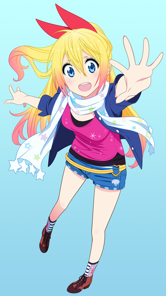 Anime picture 2160x3840 with nisekoi shaft (studio) kirisaki chitoge starsilvery single long hair tall image looking at viewer blush fringe highres open mouth blue eyes simple background blonde hair smile hair between eyes standing payot pink hair