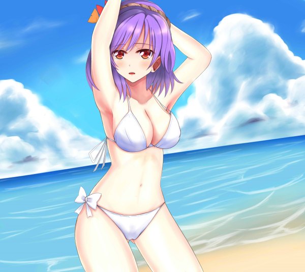 Anime picture 2800x2497 with touhou yasaka kanako wendell single looking at viewer blush highres short hair breasts open mouth light erotic red eyes large breasts sky purple hair cloud (clouds) beach ass visible through thighs girl navel