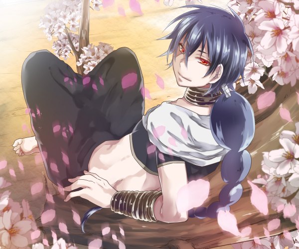 Anime picture 1200x1000 with magi the labyrinth of magic a-1 pictures judal touya tsuzuru single long hair red eyes sitting blue hair traditional clothes barefoot cherry blossoms back boy flower (flowers) plant (plants) petals tree (trees) bracelet branch