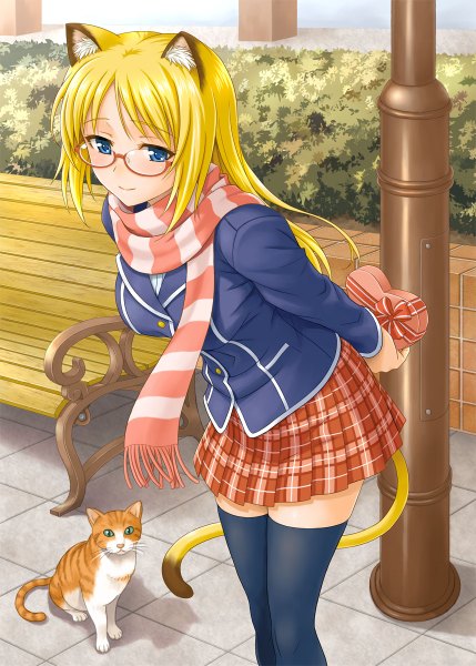 Anime picture 858x1200 with original hida tatsuo single long hair tall image looking at viewer blush open mouth blue eyes blonde hair animal ears tail animal tail cat ears cat girl cat tail zettai ryouiki valentine girl thighhighs