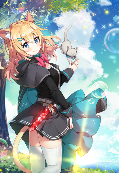 Anime picture 873x1268 with original ayami (annahibi) single long hair tall image looking at viewer blush fringe blue eyes light erotic blonde hair smile hair between eyes standing animal ears payot sky cloud (clouds) outdoors tail