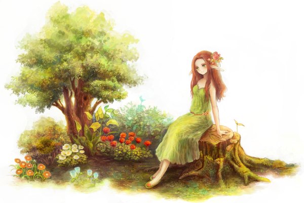 Anime picture 1280x856 with original ashi kyuuyuu single long hair smile brown hair sitting bare shoulders green eyes hair flower pointy ears elf girl hair ornament flower (flowers) plant (plants) tree (trees) sundress stump