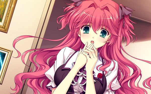 Anime picture 1280x800 with shitsuji ga aruji wo erabu toki ichijouji yura ankoromochi long hair blush open mouth blue eyes wide image pink hair game cg girl dress