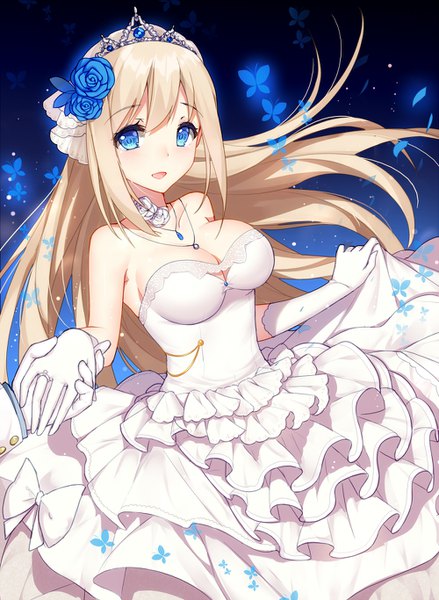 Anime picture 1000x1366 with warship girls r lexington (warship girls r) bison cangshu long hair tall image looking at viewer blush fringe breasts open mouth blue eyes blonde hair smile hair between eyes standing bare shoulders cleavage :d hair flower floating hair