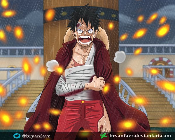 Anime picture 3500x2800 with one piece toei animation monkey d. luffy bryanfavr single looking at viewer fringe highres short hair open mouth black hair standing holding signed absurdres sky cloud (clouds) outdoors teeth wet