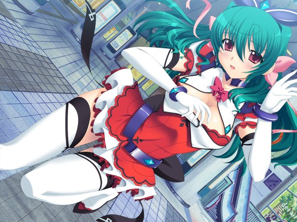 Anime picture 1600x1200 with mahou senshi extra stage saitou natsuki long hair red eyes game cg green hair girl thighhighs dress gloves bow white thighhighs elbow gloves