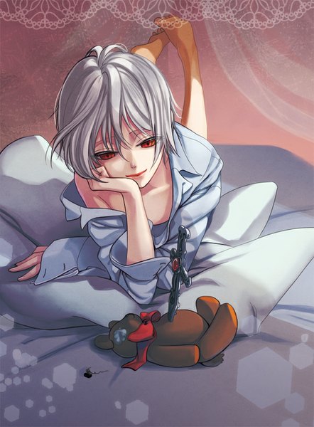 Anime picture 600x814 with original okeya (ol23) single tall image fringe short hair red eyes bare shoulders bent knee (knees) white hair lying barefoot open clothes bare legs open shirt no shoes leg lift (legs lift) hand on face head rest girl