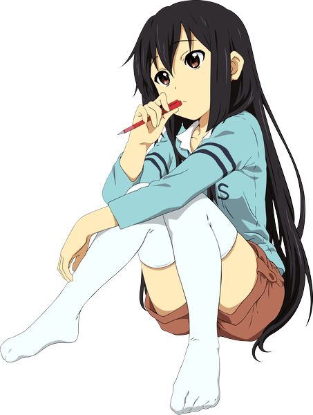 Anime picture 8035x10621 with k-on! kyoto animation nakano azusa ergh3 single long hair tall image highres black hair sitting brown eyes absurdres transparent background vector incredibly absurdres girl thighhighs white thighhighs shorts pen