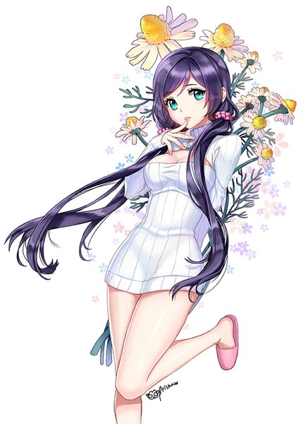 Anime picture 600x837 with love live! school idol project sunrise (studio) love live! toujou nozomi briska single long hair tall image blush fringe breasts large breasts standing white background twintails green eyes signed looking away cleavage purple hair