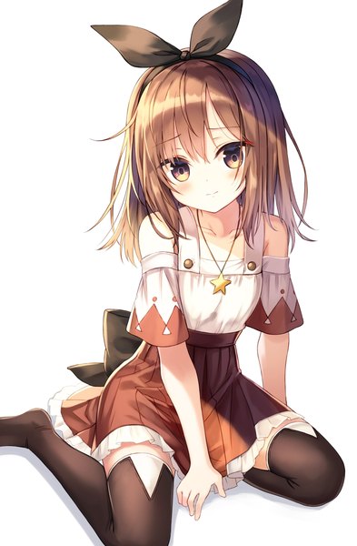 Anime picture 2095x3200 with atelier (series) atelier ryza gust (company) reisalin stout satou (3366 s) single long hair tall image looking at viewer blush fringe highres simple background brown hair white background sitting bare shoulders brown eyes light smile no shoes