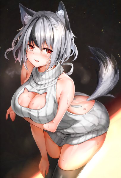 Anime picture 2775x4092 with original maeshimashi single tall image looking at viewer blush fringe highres short hair open mouth light erotic black hair hair between eyes red eyes animal ears silver hair tail animal tail multicolored hair from above