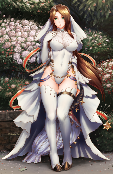 Anime picture 700x1082 with girls frontline lee-enfield (girls frontline) finalcake single long hair tall image looking at viewer fringe breasts light erotic brown hair large breasts standing green eyes full body parted lips high heels thigh gap covered navel ass visible through thighs