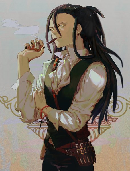 Anime picture 1000x1315 with magi the labyrinth of magic a-1 pictures kassim par single long hair tall image holding yellow eyes nail polish mouth hold smoke black nail polish smoking dark hair boy earrings shirt bracelet belt