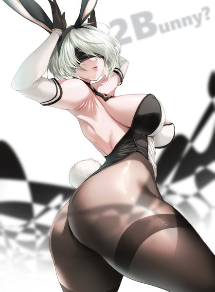 Anime picture 1700x2310 with nier nier:automata yorha no. 2 type b mia (gute-nacht-07) single tall image fringe short hair breasts light erotic simple background large breasts standing white background bare shoulders animal ears silver hair ass tail parted lips