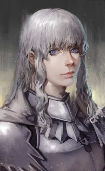 Anime picture 1116x1819 with berserk griffith danial single long hair tall image fringe blue eyes simple background hair between eyes looking away silver hair upper body lips portrait dark background boy armor
