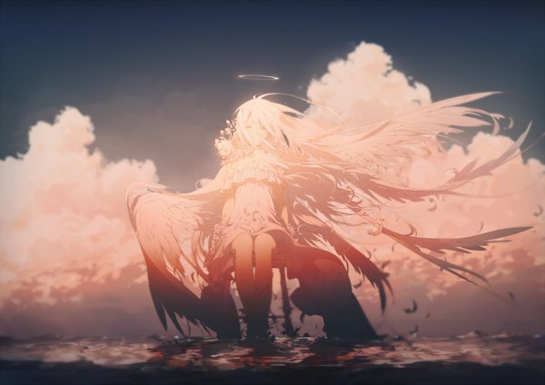 Anime picture 1500x1060 with original rella single long hair sitting cloud (clouds) bent knee (knees) white hair wind angel wings angel multiple wings girl dress flower (flowers) wings water white dress rose (roses) feather (feathers)