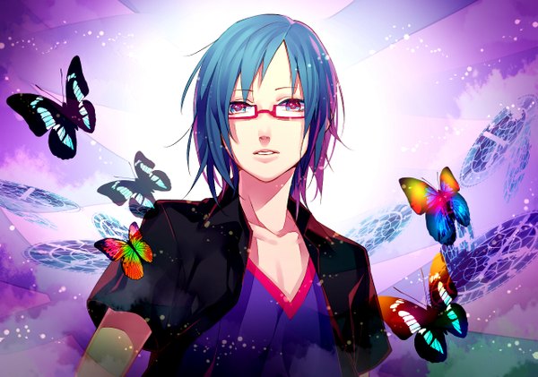 Anime picture 1280x900 with vocaloid tayuya1130 single looking at viewer short hair open mouth blue eyes blue hair multicolored hair open clothes streaked hair boy glasses insect butterfly t-shirt