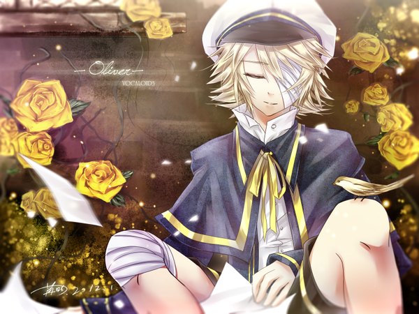 Anime picture 1600x1200 with vocaloid oliver james (vocaloid) single highres short hair blonde hair eyes closed bandage over one eye boy flower (flowers) hat animal shorts bird (birds) rose (roses) bandage (bandages) paper