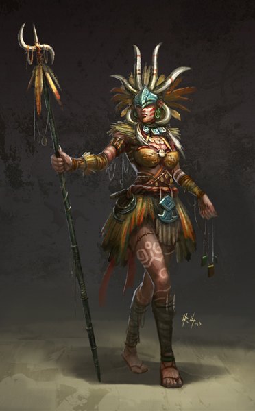 Anime picture 633x1021 with r-chie (artist) single tall image breasts holding barefoot horn (horns) lips walking face paint native american girl earrings armor staff helmet native american headdress shaman
