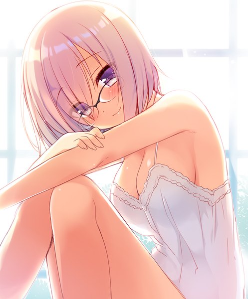 Anime picture 700x845 with fate (series) fate/grand order mash kyrielight sazaki ichiri single tall image looking at viewer blush fringe short hair breasts light erotic smile large breasts sitting purple eyes bare shoulders cleavage purple hair hair over one eye