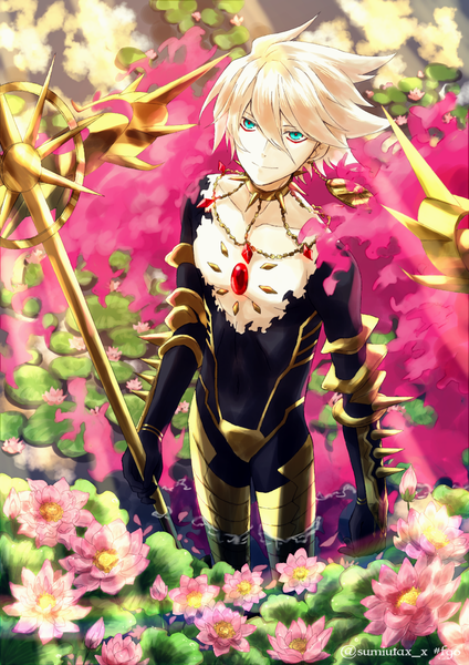 Anime picture 849x1200 with fate (series) fate/grand order karna (fate) kawasemi sumika single tall image fringe short hair smile hair between eyes standing signed white hair aqua eyes from above twitter username partially submerged looking up boy gloves