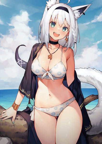Anime picture 2150x3035 with virtual youtuber hololive shirakami fubuki sy4may0 single long hair tall image looking at viewer blush fringe highres breasts open mouth blue eyes light erotic smile hair between eyes large breasts animal ears sky