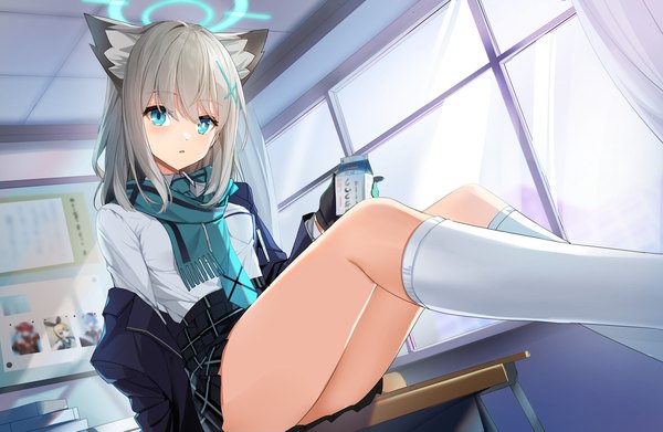 Anime picture 2149x1400 with blue archive shiroko (blue archive) prawnlunchset single long hair looking at viewer highres animal ears indoors aqua eyes grey hair :o legs girl skirt miniskirt socks window scarf white socks