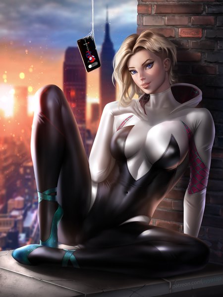 Anime picture 3000x4000 with marvel comics spider-man (series) spider-man: into the spider-verse gwen stacy spider-gwen ayyasap single tall image looking at viewer blush highres short hair breasts blue eyes light erotic blonde hair smile sitting sky cloud (clouds)