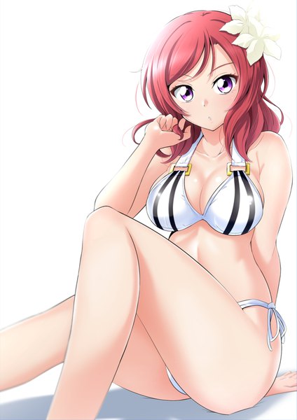 Anime picture 1206x1706 with love live! school idol project sunrise (studio) love live! nishikino maki kirisaki reina single long hair tall image looking at viewer breasts light erotic simple background large breasts white background sitting purple eyes bare shoulders payot bent knee (knees) red hair