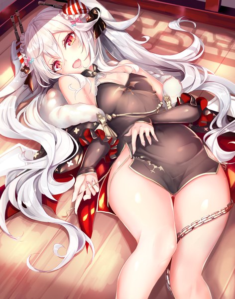 Anime picture 787x1000 with azur lane vampire (azur lane) vampire (the breath of spring) (azur lane) haruka natsuki single tall image looking at viewer blush fringe breasts open mouth light erotic smile hair between eyes red eyes twintails bare shoulders payot cleavage white hair