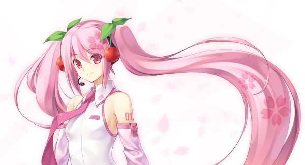Anime picture 1800x980 with vocaloid hatsune miku sakura miku wacchi single highres simple background wide image white background twintails pink hair very long hair pink eyes girl detached sleeves petals necktie food headphones berry (berries)