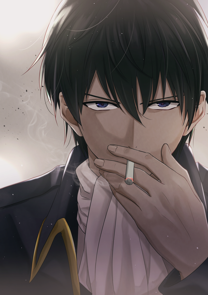 Anime picture 2039x2894 with gintama sunrise (studio) hijikata toshiro kuroneko w1nter single tall image looking at viewer fringe highres short hair blue eyes black hair simple background hair between eyes holding upper body grey background mouth hold smoke covered mouth