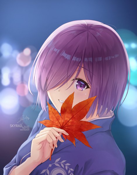 Anime picture 939x1200 with fate (series) fate/grand order mash kyrielight skyrail (skynetrailgun) single tall image fringe short hair purple eyes holding signed purple hair upper body traditional clothes japanese clothes hair over one eye anniversary heroines girl leaf (leaves) yukata
