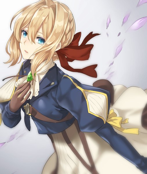 Anime picture 912x1078 with violet evergarden kyoto animation violet evergarden (character) tyone single tall image looking at viewer fringe short hair open mouth blue eyes blonde hair simple background hair between eyes payot braid (braids) dutch angle puffy sleeves gradient background hand on chest