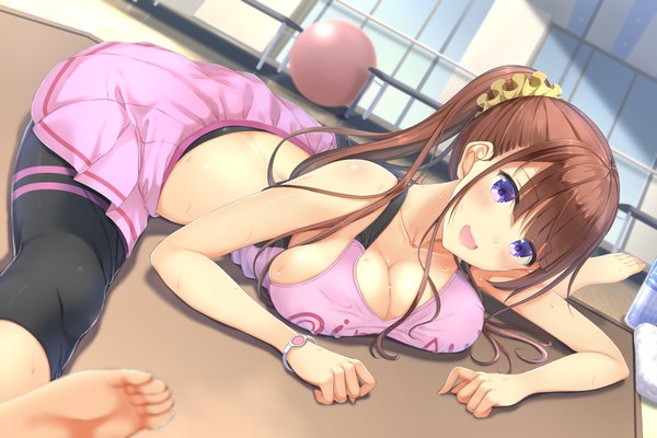Anime picture 1920x1280 with original yukimochi kinako single long hair blush fringe highres breasts open mouth light erotic hair between eyes brown hair large breasts purple eyes bare shoulders payot ponytail indoors :d pleated skirt