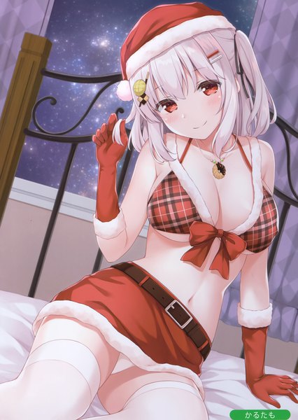 Anime picture 2096x2954 with original melonbooks tisshu (karutamo) karutamo single tall image looking at viewer blush highres short hair breasts light erotic smile red eyes large breasts sitting signed silver hair bent knee (knees) indoors