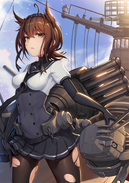 Anime picture 778x1100 with kantai collection hatsuzuki destroyer lemoo single tall image looking at viewer short hair hair between eyes brown hair yellow eyes ahoge torn pantyhose girl skirt gloves weapon miniskirt pantyhose black gloves elbow gloves