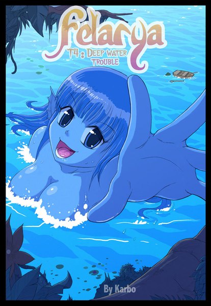 Anime picture 691x1000 with felarya anko (felarya) karbo single long hair tall image looking at viewer breasts open mouth blue eyes light erotic smile blue hair nude girl tongue mermaid