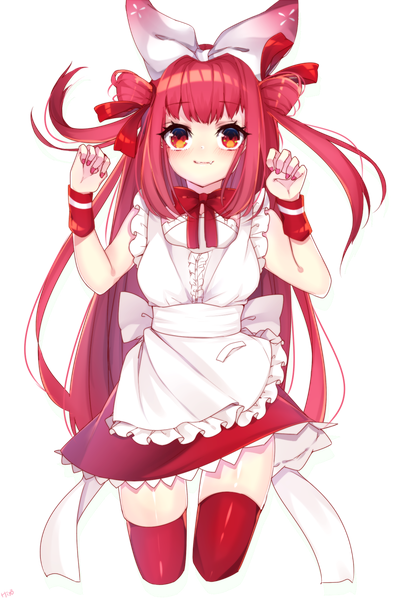 Anime picture 1200x1800 with beatmania beatmania iidx umegiri ameto motsuni (lxxe1120) single long hair tall image looking at viewer red eyes red hair nail polish two side up zettai ryouiki transparent background red nail polish paw pose cute girl thighhighs bow