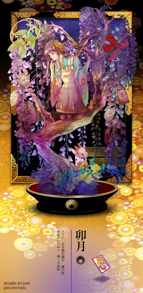 Anime picture 551x1128 with original yuu (arcadia) single long hair tall image brown hair brown eyes inscription hieroglyph finger to mouth girl dress hair ornament flower (flowers) plant (plants) animal tree (trees) bird (birds) mask bunny