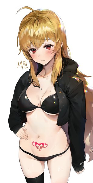 Anime picture 1956x3848 with original 0000 (asd7083) single long hair tall image looking at viewer blush fringe highres breasts light erotic simple background blonde hair hair between eyes red eyes large breasts standing white background signed payot
