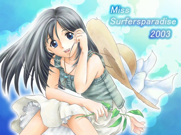 Anime picture 1024x768 with original miss surfersparadise sakiko single long hair looking at viewer open mouth blue eyes black hair sitting bare shoulders wind inscription wallpaper soft beauty 2003 girl skirt flower (flowers) hat
